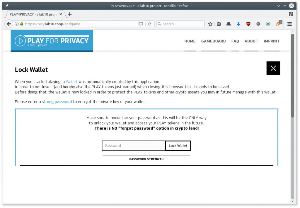 The redeem process contained a step for locking the wallet with a password. Only after doing so was it persisted to the browser’s local storage and tokens cleared for payout.